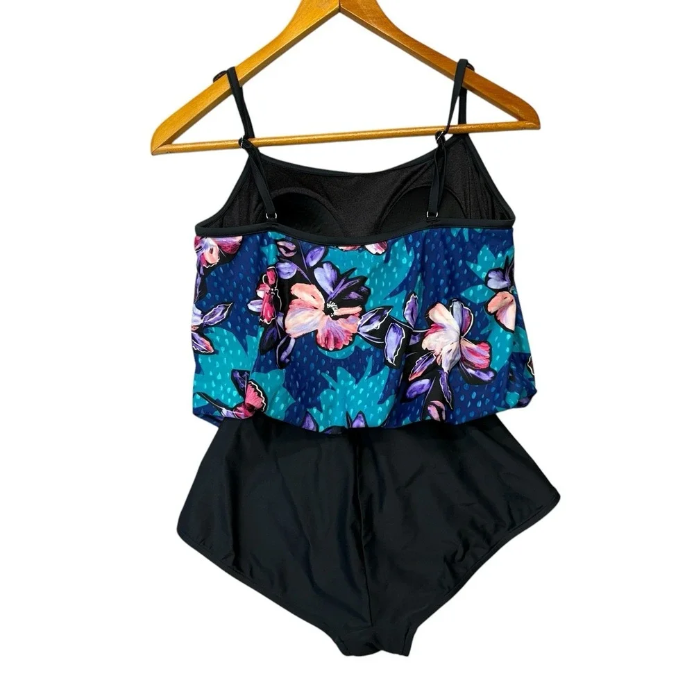 Maxine Of Hollywood Womens Swimsuit 16 One Piece Black Blue Floral Modest Mature